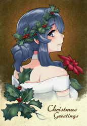 Rule 34 | 1girl, alternate costume, back, bad id, bad pixiv id, bare shoulders, blue eyes, blue hair, blush, breasts, brown background, choker, christmas, closed mouth, commentary, dress, elbow gloves, english commentary, english text, eyelashes, female focus, flower, from behind, gloves, gotland (kancolle), gradient background, hair over shoulder, hair up, head wreath, holding, holding flower, holly, kantai collection, lips, long hair, looking at viewer, looking back, medium breasts, merry christmas, neck, off-shoulder dress, off shoulder, poinsettia, psidubs, red flower, signature, smile, solo, text focus, upper body, white choker, white dress, white gloves