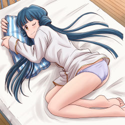 Rule 34 | 1girl, barefoot, bed, blue hair, blunt bangs, bow, bow panties, brown eyes, commentary request, crotch seam, from above, idolmaster, idolmaster million live!, idolmaster million live! theater days, kitakami reika, lielos, long hair, long sleeves, looking at viewer, lying, hugging object, on bed, on side, one eye closed, pajamas, panties, pillow, pillow hug, purple panties, shirt, smile, solo, twintails, underwear, white shirt, wooden floor