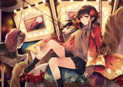 Rule 34 | 1girl, amusement park, arm at side, black footwear, black hair, black legwear, black skirt, camellia, carousel, chrysanthemum print, expressionless, floral print, flower, hair flower, hair ornament, hazuki mizuho, highres, holding, japanese clothes, kimono, knee up, loafers, long hair, long sleeves, looking at viewer, open clothes, open kimono, original, peony print, pinwheel, pleated skirt, red eyes, red flower, riding, school uniform, shoes, sitting, sitting backwards, skirt, sleeves past wrists, solo, sweater