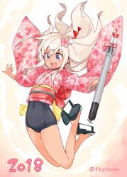 Rule 34 | 1girl, 2018, blonde hair, blue eyes, blue one-piece swimsuit, flower, full body, geta, hair flower, hair ornament, japanese clothes, kantai collection, kimono, long hair, one-piece swimsuit, one-piece tan, open mouth, pink kimono, ro-500 (kancolle), school swimsuit, smile, solo, suka, swimsuit, swimsuit under clothes, tan, tanline, twitter username
