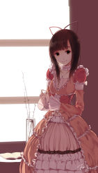 Rule 34 | 1girl, absurdres, book, brown eyes, brown hair, choker, dated, dress, f3d, frilled dress, frills, highres, jewelry, lolita fashion, looking at viewer, necklace, open book, original, smile, solo