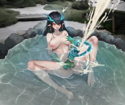 Rule 34 | 1futa, :d, absurdres, ahegao, anus, aqua skin, arknights, ass, bare shoulders, black hair, blush, breasts, completely nude, cum, dragon horns, dragon tail, dusk (arknights), earrings, ejaculation, erection, futanari, futanari masturbation, gins, grabbing own breast, highres, horns, jewelry, large breasts, large penis, long hair, masturbation, multiple girls, navel, nipples, nude, open mouth, orange eyes, partially submerged, penis, pointy ears, saliva, smile, solo, spread legs, tail, tears, teeth, testicles, tongue, tongue out