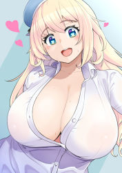 Rule 34 | 1girl, :d, arm behind back, atago (kancolle), beret, blonde hair, blue background, blue eyes, blue hat, blush, breasts, cleavage, collarbone, collared shirt, commentary request, dress shirt, hat, head tilt, heart, heart-shaped pupils, huge breasts, kantai collection, large areolae, long hair, nipples, no bra, open mouth, partially unbuttoned, roah, round teeth, see-through, shirt, smile, solo, symbol-shaped pupils, tareme, teeth, upper body, upper teeth only, white shirt, wing collar