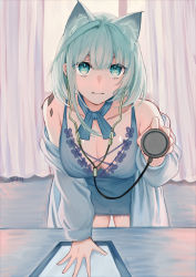 Rule 34 | 1girl, absurdres, animal ear fluff, animal ears, arknights, bare shoulders, blue eyes, blue hair, breasts, cleavage, dress, highres, jacket, jacket on shoulders, kal&#039;tsit (arknights), large breasts, long jacket, material growth, medium dress, miuli absurd, neck ribbon, oripathy lesion (arknights), ribbon, short hair, solo, stethoscope
