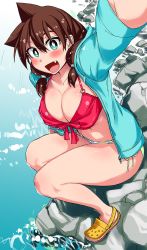 Rule 34 | 1girl, amano megumi, amano megumi wa suki darake!, aqua eyes, arm up, bikini, blush, breasts, bright pupils, brown hair, fang, from above, front-tie bikini top, front-tie top, hair over shoulder, highres, jacket, large breasts, long hair, looking at viewer, nekoguchi, non-web source, open clothes, open jacket, open mouth, outstretched arm, reaching, reaching towards viewer, selfie, side-tie bikini bottom, sitting, solo, swimsuit, thighs, unzipped, water