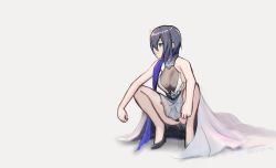 Rule 34 | 1girl, armpits, ass, backless outfit, bare arms, bare shoulders, black footwear, black panties, blue eyes, blue gemstone, blue scarf, breasts, cellix, cleavage, closed mouth, dress, expressionless, flower, frown, gem, girls&#039; frontline, grey background, grey hair, hair between eyes, hair flower, hair ornament, high heels, highres, jewelry, medium breasts, p22 (girls&#039; frontline), p22 (waltz of fantasy) (girls&#039; frontline), panties, pantyshot, scarf, short hair, simple background, solo, squatting, thighs, thong, underwear, white dress