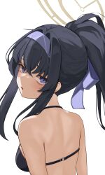 Rule 34 | 1girl, absurdres, back, bags under eyes, bee ho00, bikini, black bikini, black hair, blue archive, blue eyes, blue hairband, blush, breasts, brown hair, commentary, crossed bangs, from behind, hairband, halterneck, highres, long hair, looking at viewer, looking back, official alternate costume, parted lips, ponytail, simple background, small breasts, solo, sweat, swimsuit, ui (blue archive), ui (swimsuit) (blue archive), upper body, white background