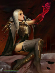 Rule 34 | 1girl, animal, armor, bird, black coat, boots, breastplate, brown footwear, brown gloves, coat, colored skin, garter straps, gloves, grey hair, highres, league of legends, long hair, looking up, red background, red coat, red lips, red skin, sitting, swain (league of legends), themaestronoob, thigh boots, two-sided coat, two-sided fabric, watermark, web address