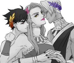 Rule 34 | 1girl, 2boys, ancient greek clothes, black nails, black sclera, boy sandwich, colored sclera, gorget, greco-roman clothes, greyscale, hades (series), hades 1, hair down, highres, holding hands, interlocked fingers, jewelry, kahara kuro, laurel crown, megaera (hades), monochrome, multiple boys, nail polish, pink lips, red eyes, ring, sandwiched, smile, spot color, thanatos (hades), upper body, yellow eyes, zagreus (hades)