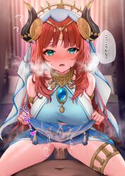 Rule 34 | 1boy, 1girl, ayomo ro, bare shoulders, blush, breasts, censored, cowgirl position, fake-horns, genshin impact, girl on top, green eyes, hetero, highres, large breasts, long hair, looking at viewer, mosaic censoring, navel, nilou (genshin impact), open mouth, penis, red hair, sex, solo focus, straddling, tearing up, thighlet, translation request, vaginal, variant set, white headwear
