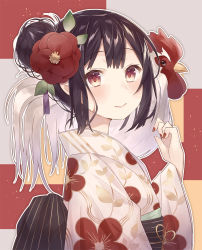 Rule 34 | 1girl, bad id, bad pixiv id, black hair, blush, brown eyes, camellia, chinese zodiac, closed mouth, floral print, flower, from side, hair bun, hand up, japanese clothes, kimono, leaf print, looking at viewer, nagitoki, nail polish, obi, on shoulder, original, red flower, red nails, sash, single hair bun, smile, solo, upper body, white kimono, year of the rooster