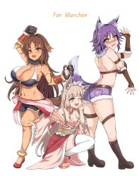Rule 34 | 3girls, @ @, absurdres, ahoge, animal ear fluff, animal ears, animal hands, anklet, asanagi (style), ass, belt, bikini, bikini top only, blonde hair, blunt bangs, blush, boots, bracer, breasts, brown eyes, brown hair, cleavage, commission, dog ears, dog girl, dog tail, dress, fang, fingerless gloves, frilled legwear, gloves, green eyes, hairband, highres, jewelry, kaori (princess connect!), kim wang jang, large breasts, leather, leather gloves, long hair, maho (princess connect!), makoto (princess connect!), multiple girls, navel, no socks, off-shoulder dress, off shoulder, open mouth, paw gloves, princess connect!, purple hair, short hair, short shorts, shorts, sideboob, simple background, smile, squatting, stomach, swimsuit, tail, tan, thigh strap, thighhighs, very long hair, white background, white legwear, wolf ears, wolf girl, wolf tail, yellow eyes