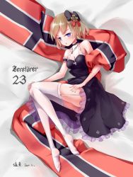 Rule 34 | 1girl, absurdres, artist name, azur lane, bare shoulders, black bow, black dress, blonde hair, blue eyes, bow, breasts, character name, cleavage, cross, dated, dress, enso35, evening gown, garter straps, hair bow, halter dress, halterneck, highres, iron cross, jewelry, looking at viewer, lying, medium breasts, necklace, no shoes, on side, open mouth, short hair, signature, sleeveless, sleeveless dress, solo, thighhighs, thighs, white thighhighs, z23 (azur lane), z23 (the banquet&#039;s honor student) (azur lane)