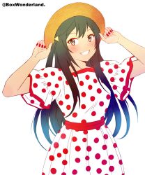 Rule 34 | 1girl, absurdres, black hair, blush, box wonderland, commentary, dress, english commentary, grey background, grin, hair ornament, hat, hayashi coco, highres, holding, holding clothes, holding hat, love live!, love live! nijigasaki high school idol club, one side up, polka dot, polka dot dress, red nails, smile, solo, twitter username, upper body, voice actor connection, white background, yuki setsuna (love live!)