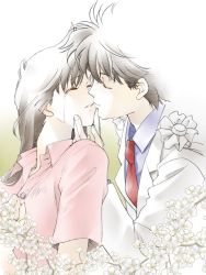 Rule 34 | 1boy, 1girl, branch, brown hair, closed eyes, flower, formal, grabbing another&#039;s chin, gradient background, hand on another&#039;s chin, hattori min, imminent kiss, kaitou kid, kuroba kaito, meitantei conan, mouri ran, necktie, parted lips, short sleeves, suit, tears