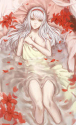 Rule 34 | 10s, 1girl, brown eyes, covering privates, covering breasts, flower, hairband, kantai collection, kirigaku luo, long hair, looking at viewer, lying, partially submerged, petals, shoukaku (kancolle), solo, towel, water, wet, white hair