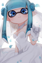 Rule 34 | 1girl, aqua flower, aqua hair, backlighting, bad id, bad pixiv id, blue eyes, blunt bangs, breasts, bridal veil, busujima funya, closed mouth, collar, commentary request, detached collar, dress, dress tug, flower, gloves, hair flower, hair ornament, highres, inkling, inkling girl, inkling player character, long dress, looking at viewer, mask, medium hair, nintendo, petals, pointy ears, small breasts, smile, solo, sparkle, splatoon (series), strapless, strapless dress, tentacle hair, twitter username, veil, wedding dress, white collar, white dress, white gloves, wing collar