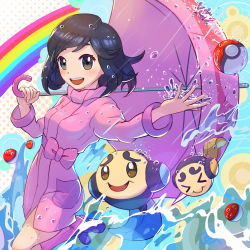 Rule 34 | &gt; &lt;, 1girl, :d, black hair, blush, boots, bow, coat, commentary request, creatures (company), eyelashes, game freak, gen 5 pokemon, highres, holding, holding umbrella, long sleeves, medium hair, nintendo, npc trainer, open mouth, parasol lady (pokemon), pink coat, pink footwear, poke ball, poke ball (basic), pokemon, pokemon (creature), pokemon bw, rain, rainbow, smile, teeth, tom (pixiv10026189), tongue, tympole, umbrella, upper teeth only, water, water drop