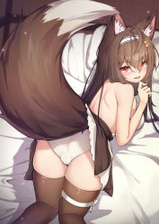 Rule 34 | 1girl, 5danny1206, absurdres, ahoge, animal ear fluff, animal ears, ass, bare back, bare shoulders, bed, black dress, black thighhighs, blush, brown eyes, brown hair, cameltoe, dress, fang, finger to mouth, fox ears, fox tail, from behind, hairband, highres, leg ribbon, long hair, looking at viewer, looking back, lying, on stomach, original, panties, pillow, presenting, ribbon, short dress, skindentation, solo, tail, thigh ribbon, thighhighs, thighs, top-down bottom-up, trefoil, underwear, white panties