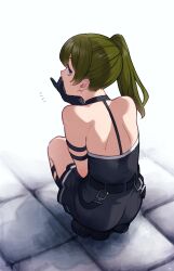Rule 34 | 1girl, arm strap, back, belt, black belt, black dress, black footwear, black gloves, commentary, dress, expressionless, from behind, full body, gloves, green hair, hand to own mouth, highres, looking at viewer, looking back, medium hair, mitsurugi sugar, notice lines, pleated dress, purple eyes, shoes, short dress, side ponytail, simple background, solo, sousou no frieren, squatting, ubel (sousou no frieren), white background