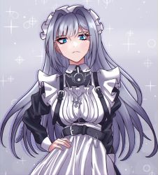 Rule 34 | 1girl, angryforks, blue eyes, breasts, closed mouth, dress, ethel (xenoblade), grey hair, headband, highres, jewelry, large breasts, long hair, looking at viewer, maid, simple background, solo, upper body, very long hair, xenoblade chronicles (series), xenoblade chronicles 3