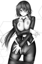 Rule 34 | 10s, 1girl, between breasts, black hair, black pantyhose, blush, breasts, breasts out, business suit, cleavage, crotch seam, formal, greyscale, infinite stratos, large breasts, long hair, monochrome, necktie, nipples, no panties, orimura chifuyu, otone, otone (artist), pantyhose, pubic hair, shiny skin, simple background, skirt, skirt suit, suit