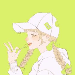 Rule 34 | 1girl, blonde hair, blush, bow, braid, brown eyes, candy, commentary, fingernails, food, from side, green background, green nails, hair bow, hat, highres, holding, holding candy, holding food, holding lollipop, hood, hoodie, lollipop, long hair, long sleeves, looking at viewer, nail polish, nose blush, open mouth, original, shim 46, sidelocks, simple background, smile, solo, teeth, tongue, twin braids, upper body, upper teeth only, white hat, white hoodie