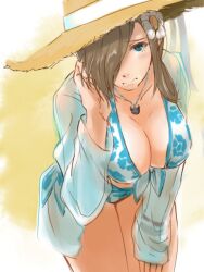 Rule 34 | 1girl, bent over, bikini, blue eyes, breasts, brown hair, cleavage, closed mouth, collarbone, commentary request, cowboy shot, floral print, flower, front-tie bikini top, front-tie top, hair flower, hair ornament, hair over one eye, halterneck, hand up, hat, jewelry, large breasts, light blush, long hair, long sleeves, looking at viewer, miya (savacatora), necklace, print bikini, see-through, see-through shirt, shirt, side-tie bikini bottom, solo, straw hat, swept bangs, swimsuit, tales of (series), tales of asteria, tales of the abyss, tear grants