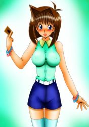 Rule 34 | 1girl, blouse, blue eyes, blush, breasts, brown hair, card, holding, holding card, looking at viewer, mazaki anzu, shirt, shorts, tsumitani daisuke, white legwear, yu-gi-oh!, yu-gi-oh! duel monsters