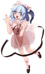 Rule 34 | 1girl, :d, absurdres, black footwear, black ribbon, blue eyes, blue hair, blush, bobby socks, bow, breasts, buttons, commentary request, dress, eyebrows hidden by hair, frills, full body, hair between eyes, hair bow, hands up, highres, housulu, looking at viewer, mai (touhou), open mouth, petticoat, pink bow, pink dress, puffy short sleeves, puffy sleeves, ribbon, short hair, short sleeves, simple background, small breasts, smile, socks, solo, standing, standing on one leg, touhou, touhou (pc-98), white background, white socks, ||/