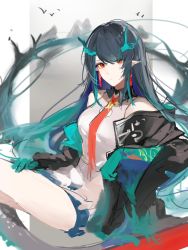 Rule 34 | 1girl, arknights, arm tattoo, bare shoulders, black collar, black jacket, china dress, chinese clothes, cleavage cutout, clothing cutout, collar, colored skin, dragon girl, dragon horns, dragon tail, dress, dusk (arknights), ear piercing, earrings, green skin, highres, horns, jacket, jewelry, joshua (shisanli934), knees up, looking at viewer, necktie, off shoulder, open clothes, open jacket, piercing, pointy ears, red eyes, red necktie, sketch, sleeveless, sleeveless dress, solo, tail, tassel, tassel earrings, tattoo, white dress