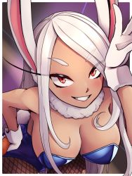 Rule 34 | 1girl, animal ears, blush, boku no hero academia, breasts, carrot, dark-skinned female, dark skin, detached collar, eyelashes, fishnet pantyhose, fishnets, fur collar, gloves, grin, hair over shoulder, hand on own hip, hand on own forehead, highres, holding, holding carrot, large breasts, leaning forward, leotard, long eyelashes, long hair, looking at viewer, mirko, narrowed eyes, orange eyes, pankeiki, pantyhose, parted bangs, playboy bunny, rabbit ears, rabbit girl, rabbit tail, smile, solo, tail, thick eyebrows, v-shaped eyebrows, w, white hair