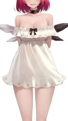 Rule 34 | 1girl, absurdres, arms behind back, biting own lip, breasts, choker, cleavage, crystal wings, dress, highres, hololive, hololive english, irys (casualrys) (hololive), irys (hololive), lace-trimmed choker, lace trim, official alternate costume, open mouth, red hair, see-through, see-through dress, short hair, simple background, smile, solo, somebody (leiking00), virtual youtuber, white background, white dress