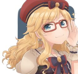 Rule 34 | 1girl, :3, blonde hair, blue eyes, blush, bow, bowtie, breasts, commentary request, face, glasses, hair bow, hair ornament, hat, highres, idolmaster, idolmaster cinderella girls, long hair, looking at viewer, ohtsuki yui, puffy short sleeves, puffy sleeves, red-framed eyewear, red hat, short sleeves, smile, solo, star (symbol), wotsumiki (sakura-yuzu), wrist cuffs