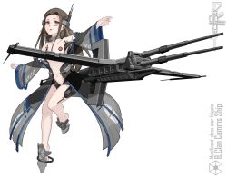 Rule 34 | 1girl, absurdres, animification, artist name, banking clan comms ship, brown hair, character name, full body, gun, hair ornament, highres, long hair, mecha musume, navel, open mouth, personification, red eyes, rifle, solo, star wars, topless, transparent background, vectorek, weapon