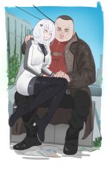 Rule 34 | 1boy, 1girl, absurdres, bear hair ornament, between breasts, black footwear, black hair, black necktie, black pantyhose, boots, breasts, brown coat, closed eyes, coat, crossover, escape from tarkov, girls&#039; frontline, hair ornament, hand on another&#039;s shoulder, highres, holding hands, izaru 31, kaban (escape from tarkov), necktie, necktie between breasts, pantyhose, pk (girls&#039; frontline), red sweater, sitting, sitting on lap, sitting on person, smile, sweater, thigh boots, white hair