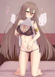 Rule 34 | 1girl, adele (fate), armlet, bare shoulders, barefoot, black bra, black panties, blush, bra, breasts, brown hair, cleavage, clothes lift, collarbone, covered erect nipples, dress, dress lift, elfenlied22, fate/grand order, fate (series), green eyes, hair between eyes, highres, jewelry, kneeling, large breasts, long hair, looking at viewer, mouth hold, navel, panties, smile, solo, thighs, underwear, white dress
