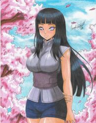 Rule 34 | 1girl, 2021, arms behind back, black hair, breasts, cherry blossoms, day, highres, hyuuga hinata, large breasts, naruto (series), naruto shippuuden, outdoors, purple eyes, ravernclouk design, solo, traditional media, tree