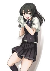 Rule 34 | 1girl, absurdres, against wall, black hair, black socks, black skirt, black vest, brown eyes, commentary request, feet out of frame, gloves, hair ornament, hairclip, highres, kantai collection, kneehighs, long hair, looking at viewer, open mouth, oyashio (kancolle), pleated skirt, round teeth, shirt, short sleeves, simple background, skirt, smile, socks, solo, teeth, uni (uni-strain), upper body, upper teeth only, vest, white background, white gloves, white shirt