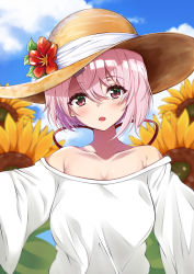 Rule 34 | 1girl, :o, absurdres, bad id, bad pixiv id, bare shoulders, blush, breasts, brown eyes, collarbone, commentary request, flower, hair between eyes, hair ornament, hairclip, hat, hat flower, highres, kazanock, large breasts, looking at viewer, nijisanji, pink hair, red flower, shiina yuika, shirt, short hair, solo, sun hat, sunflower, upper body, virtual youtuber, white shirt