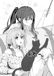 Rule 34 | 2girls, absurdres, animal, animal on lap, blush, cat, cat on lap, cat teaser, closed mouth, commentary request, couch, flower (symbol), greyscale, highres, holding, holding toy, indoors, inoue takina, joker (jjjokerrr233), long hair, lycoris recoil, monochrome, multiple girls, nishikigi chisato, off-shoulder shirt, off shoulder, on couch, on lap, open mouth, ponytail, shirt, short twintails, toy, twintails