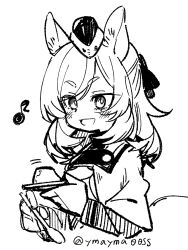 Rule 34 | 1girl, :d, animal ear fluff, animal ears, arknights, beret, blush, bow, commentary, food, greyscale, hair bow, hat, highres, holding, holding spoon, horse ears, horse girl, medium hair, monochrome, musical note, open mouth, pudding, signature, simple background, sketch, smile, solo, spoon, symbol-only commentary, twitter username, upper body, whislash (arknights), white background, yom (ymayma00ss)