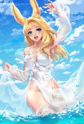 Rule 34 | 1girl, :d, animal ears, armpits, arms up, artist name, warrior of light (ff14), bare hips, beads, blonde hair, blue eyes, blue sky, blunt bangs, blush, borrowed character, breasts, casual one-piece swimsuit, cleavage, cloud, collarbone, commentary, covered navel, day, detached sleeves, english commentary, final fantasy, final fantasy xiv, frilled swimsuit, frills, green eyes, groin, highres, long hair, long sleeves, looking at viewer, medium breasts, mole, mole under eye, one-piece swimsuit, open mouth, outdoors, pham thai chau, see-through, single thighhigh, sky, smile, solo, swimsuit, thighhighs, viera, wading, water, watermark, web address, white one-piece swimsuit, white thighhighs
