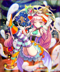 Rule 34 | 1girl, arm up, ascot, bare shoulders, blunt bangs, boots, bow, breasts, copyright name, corset, detached sleeves, full body, gingerbread man, glowing, glowing eyes, hat, heart, holding, holding weapon, jack-o&#039;-lantern, kuroi nyan, long hair, official art, one eye closed, panties, pink hair, ponytail, pumpkin, purple thighhighs, red eyes, ribbon, senjou no electro girl, skirt, small breasts, solo, star (symbol), striped clothes, striped thighhighs, thighhighs, underboob, underwear, very long hair, wand, weapon, witch hat