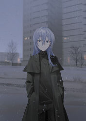 Rule 34 | 1girl, bare tree, black capelet, black jacket, black pants, black shirt, blue eyes, building, capelet, chihuri, closed mouth, commentary request, cross, ear piercing, ende (chihuri), grey hair, hands in pockets, highres, jacket, latin cross, long hair, looking at viewer, open clothes, open jacket, original, outdoors, pants, piercing, shirt, smile, snow, snowing, solo, tree