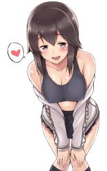 Rule 34 | 10s, 1girl, :d, bare shoulders, black hair, black skirt, blush, bra, breasts, brown eyes, brown hair, cleavage, collarbone, covered erect nipples, hands on own knees, hanging breasts, hayasui (kancolle), heart, jacket, kantai collection, large breasts, leaning forward, long hair, long sleeves, looking at viewer, miniskirt, navel, off shoulder, open clothes, open jacket, open mouth, pleated skirt, saemon (tonpura), short hair, grey eyes, simple background, skirt, smile, solo, speech bubble, spoken heart, sports bra, standing, sweat, track jacket, underwear, white background