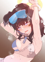 Rule 34 | 1girl, absurdres, animal ears, arito arayuru, armpits, arms up, black hair, blue archive, blush, breasts, breath, cheerleader, dog ears, dog girl, embarrassed, eyewear on head, goggles, goggles on head, gradient background, halo, heavy breathing, hibiki (blue archive), hibiki (cheer squad) (blue archive), highres, long hair, medium breasts, midriff, millennium cheerleader outfit (blue archive), open mouth, solo, steam, steaming body, sweat