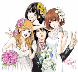 Rule 34 | 1boy, 3girls, :p, black hair, black suit, blonde hair, blue eyes, blush, bouquet, breasts, brown eyes, brown hair, cleavage, date madoka, date ryuunosuke (hare-kon.), date yuzu, double v, dress, flower, formal, hair flower, hair ornament, hare-kon., harem, highres, jewelry, large breasts, long hair, looking at viewer, maezono koharu, multiple girls, nail polish, necktie, non (mangaka), one eye closed, open mouth, polygamy, red neckwear, ring, signature, simple background, smile, suit, tongue, tongue out, v, wedding band, wedding dress, wedding photo, wedding ring, white background, wink