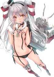 Rule 34 | 10s, 1girl, amatsukaze (kancolle), bad id, bad twitter id, black panties, blush, breasts, covering privates, covering breasts, foreshortening, from above, garter straps, hair ornament, hair tubes, kantai collection, kyara36, long hair, looking at viewer, lowleg, lowleg panties, panties, perspective, red thighhighs, silver hair, simple background, small breasts, solo, standing, striped, thigh gap, thighhighs, thighs, torn clothes, two side up, underwear, white background, yellow eyes