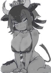 Rule 34 | 1girl, animal ears, areola slip, barefoot, bikini, breasts, chibi, choker, cleavage, closed mouth, collarbone, commentary request, covered erect nipples, crown, extra ears, full body, goshingyu-sama (kemono friends), greyscale, highres, horizontal pupils, horns, kemono friends, kemono friends 3, large breasts, leaning forward, looking at viewer, masuyama ryou, medium hair, monochrome, ox ears, ox girl, ox horns, shide, sidelocks, sitting, smile, solo, stomach, swimsuit, tail, tan, tanline, tsurime, v arms, wet